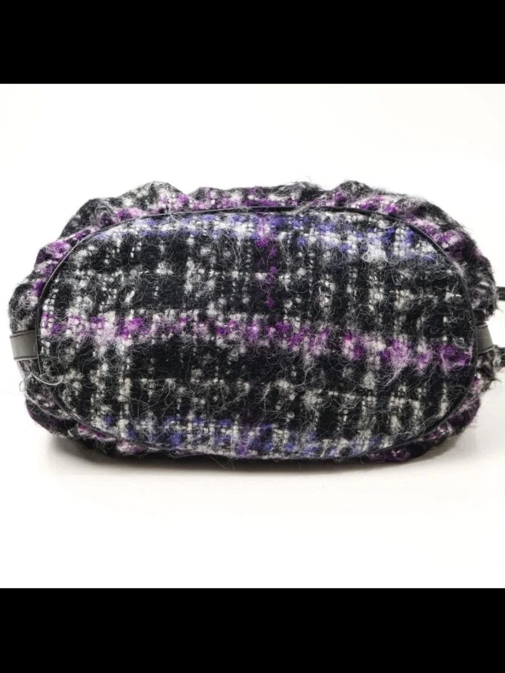 Mulberry Gray & Purple Plaid Wool Tote with Black Leather Trim
